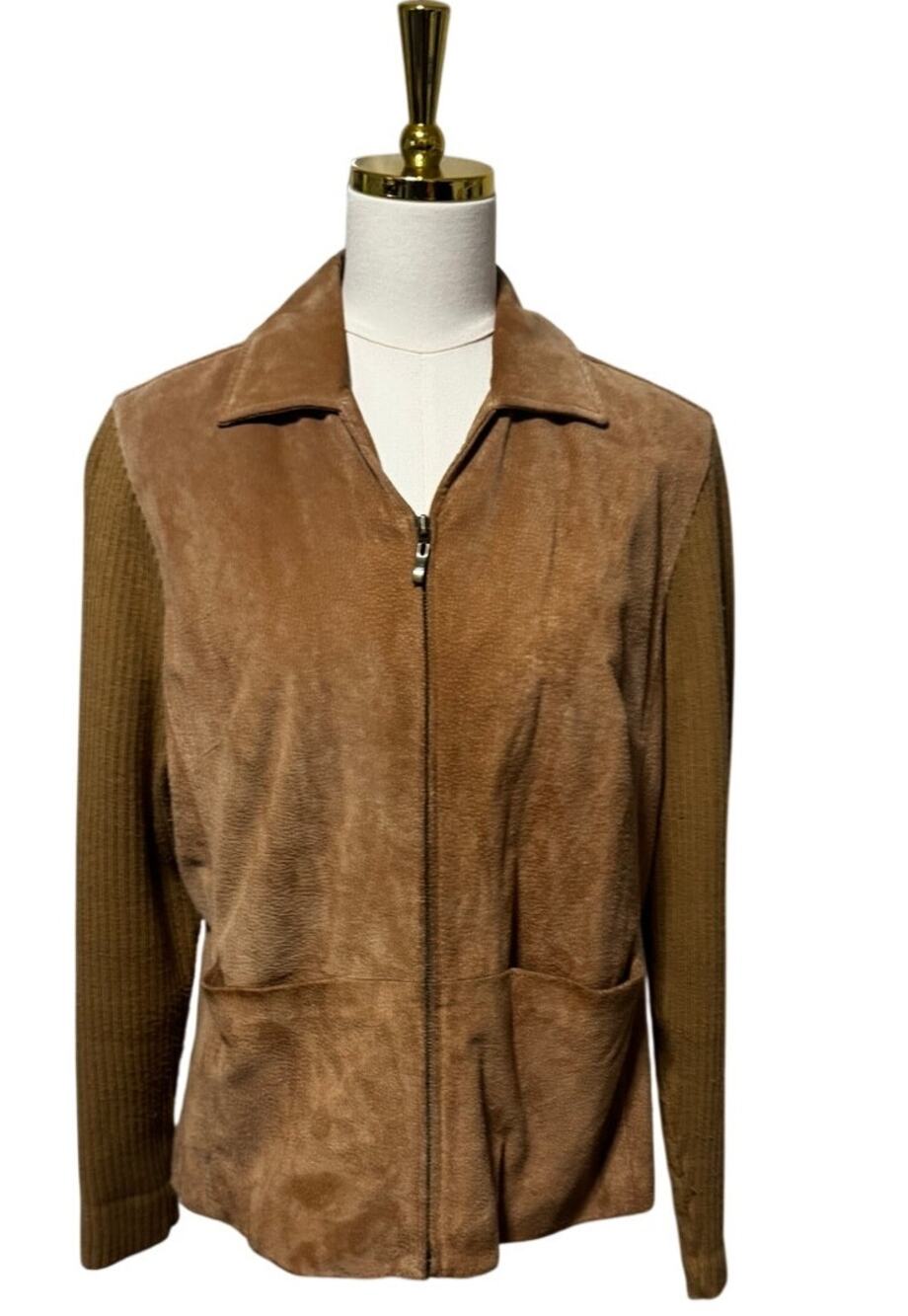 A.M.I. Suede Leather & Ribbed Knit Zip Jacket, Camel/Olive Colorblock, Size L